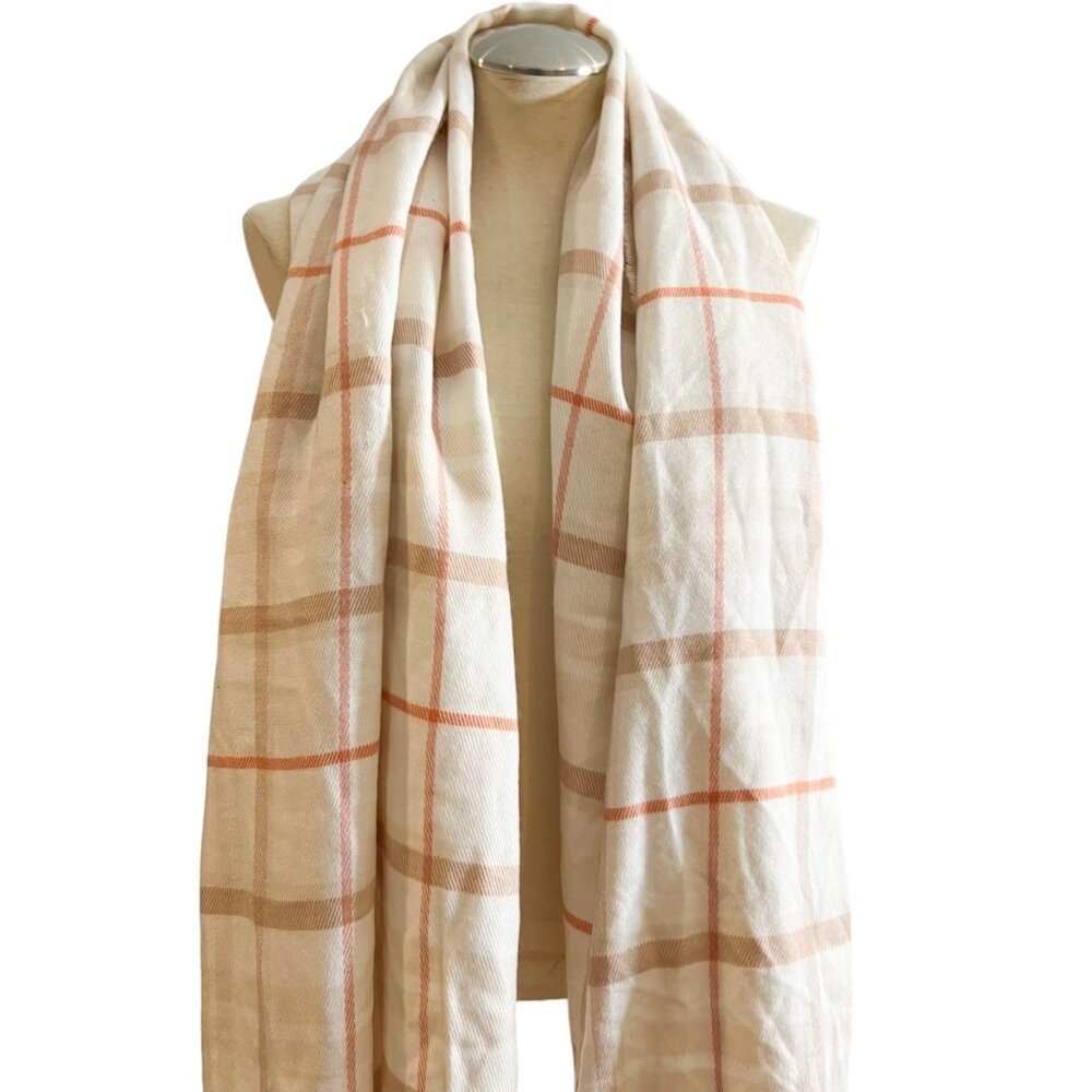 H&M Women's Plaid Fringe Scarf Wrap Shawl Cream Orange Tan - Picture 5 of 9